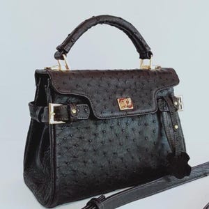 Genuine Ostrich Leather Top Handle Bag, Exotic Skin Handbag, Dark Brown Purse, Shoulder Purse