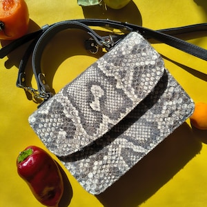 Genuine Snakeskin Crossbody Bag, Black White Luxury Purse, Gray Exotic leather bag