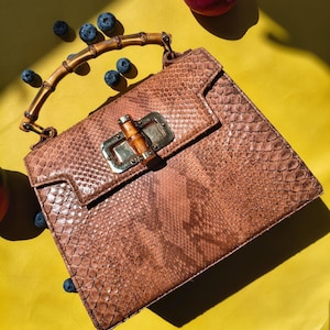 Genuine Snake Leather Top Handle Bag, Exotic Skin Handbag, Walnut Brown, Bamboo Accent Purse