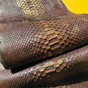 Könnte beinhalten: Ein Stück strukturiertes Material mit einem sich wiederholenden Schuppenmuster in den Farben Dunkelbraun, Bronze und Gold. Die Oberfläche zeigt eine ausgeprägte, überlappende Anordnung einzelner Schuppen, die ein haptisches Aussehen erzeugen.