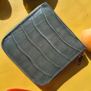 Exotic Green Reptile Leather Zip Around Wallet, Compact Handmade Card Holder