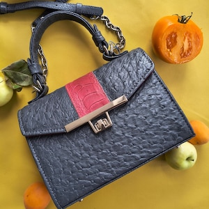 May include: A structured handbag with a dark gray textured exterior featuring a vertical bright pink panel down the center. It includes a top handle, a silver-toned metal chain strap, and a rectangular silver-toned clasp closure on the front flap.