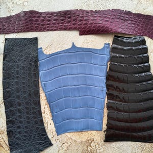 May include: A collection of four distinct pieces of textured leather. One long strip in deep purple, a black piece with a fine scale pattern, a smooth light blue section with large rectangular scales, and a dark brown piece with wide scales.