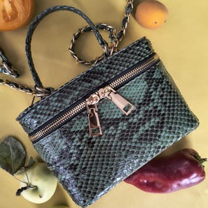 Snake skin Crossbody Bag in Emerald Green, Genuine Snake Leather Luxury Vanity Purse, Gold Hardware Shoulder Bag Green Snake Leather Handbag