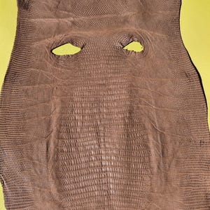 Puede incluir: Una piel de lagarto de color marrón claro que presenta un patrón de escamas distintivo y uniforme en toda la superficie. La piel muestra una textura de escamas rectangulares en el centro que se vuelve más pequeña y redondeada hacia los bordes, con dos aberturas ovaladas simétricas cerca de la parte superior.