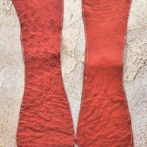 May include: Two elongated, asymmetrical pieces of rust-colored leather with a distinct textured surface. The left piece features a pattern of small, raised circular quill follicles, while the right piece displays a mix of pebbled and quill textures.