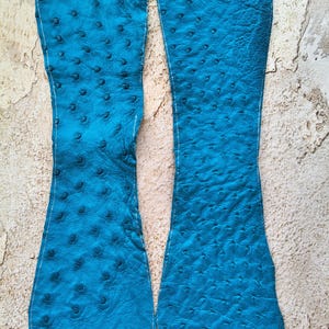 May include: Two elongated, symmetrical pieces of teal-colored ostrich leather, each featuring a distinct quill-follicle texture. The leather panels are cut into a narrow, curved shape with visible white stitching along the outer edges.