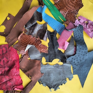 Puede incluir: Una colección de retazos de cuero variados con diversas texturas y colores, incluyendo rojo, marrón, negro, azul, verde y rosa. Las piezas exhiben patrones distintos como escamas tipo reptil y texturas punteadas al estilo de avestruz.