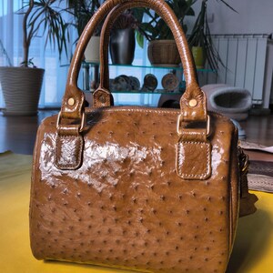 Genuine Ostrich Leather Top Handle Bag, Exotic Skin Handbag, Walnut Brown Purse