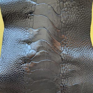 Genuine Ostrich Leg Leather Skin, Glossy Black Exotic Panel for Crafts