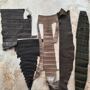 May include: Five distinct pieces of leather arranged vertically. The collection includes dark brown and black rectangular and triangular textured alligator-style hides, alongside a light tan strip and a dark brown piece with a pebbled finish.
