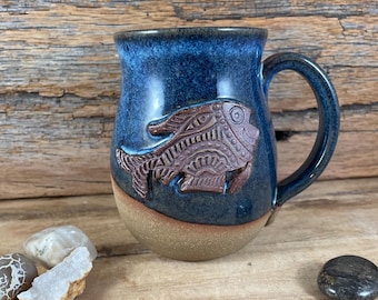 Handmade Ceramic Fish Mug, Blue Glazed Stoneware Coffee Tea Cup
