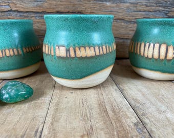 Handmade Stoneware Wine Cup: Copper Green Glaze, Bohemian Stripe
