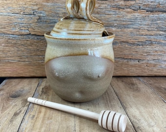 Handmade Ceramic Honey Pot with Dipper, Cream Dijon Glaze