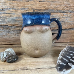 Handmade Breast Pottery Mug  / Goddess Ceramic Tea Mug / Glazed Falling Blue Stoneware Mug / Doula Mug