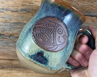 Hand-Stamped Stoneware Fish Mug – Rustic Glazed Pottery Coffee Cup