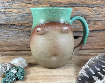 Handmade Breast Mug: Stoneware Ceramic Tea Coffee Cup (Copper Green Glaze)
