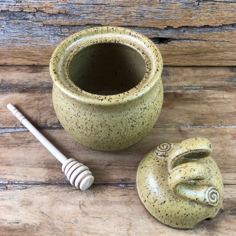 Ceramic Honey Pot Handmade Pottery Honey Keeper with Dipper Matte Maude Yellow Glazed Stoneware Kitchen Fall Rustic Bohemian