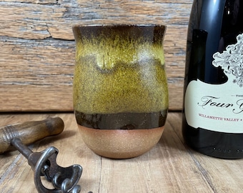 Ceramic Wine Cup / Handmade Pottery Tumbler  / Weathered Copper Green Glazed Stoneware / Handleless Mug / 10oz