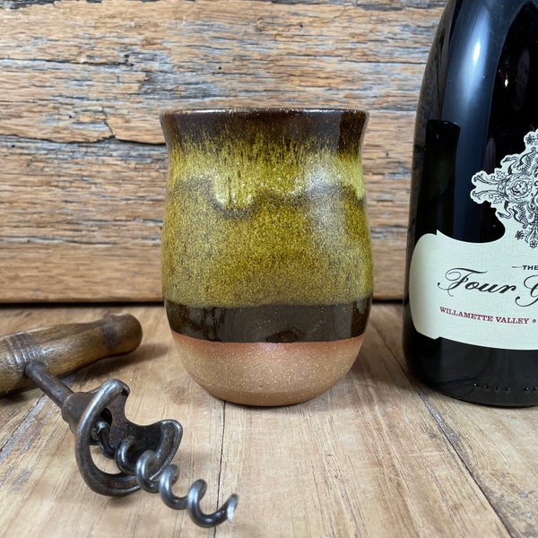 Ceramic Wine Cup / Handmade Pottery Tumbler  / Weathered Copper Green Glazed Stoneware / Handleless Mug / 10oz