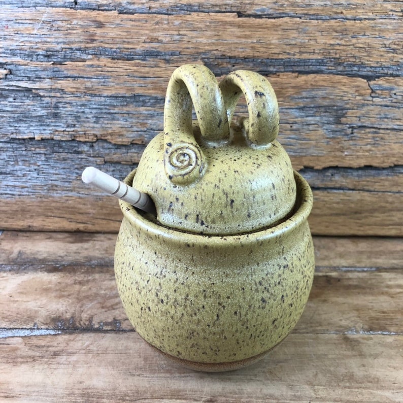 Ceramic Honey Pot Handmade Pottery Honey Keeper with Dipper Matte Maude Yellow Glazed Stoneware Kitchen Fall Rustic Bohemian