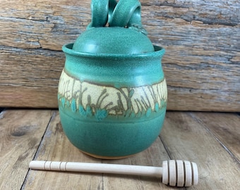 Handmade Ceramic Honey Pot with Dipper, Copper Patina Green Glazed Stoneware