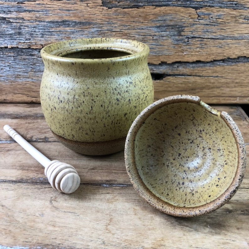 Ceramic Honey Pot Handmade Pottery Honey Keeper with Dipper Matte Maude Yellow Glazed Stoneware Kitchen Fall Rustic Bohemian