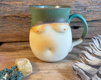 Handmade Breast Pottery Mug  / Breastfeeding Ceramic Tea Mug / Copper Green Coffee Glazed Stoneware Mug / Doula Mug