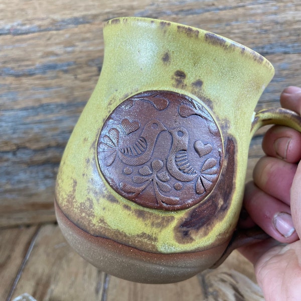 Gold Bird Mug - Handmade Pottery - Coffee Mug - Matte Maude Yellow Glazed Stoneware - Organic - Stoneware Tea Mug - Scandinavian Decor