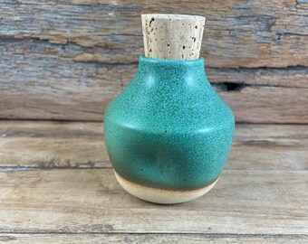 Matte Copper Green Stoneware Jar with Cork Lid – Handmade Pottery Flask
