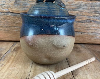 Handmade Ceramic Honey Pot with Dipper, Falling Blue Glaze