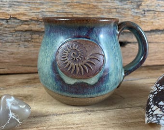 Ceramic Nautilus Shell Coffee Mug, Stormcloud Blue Glazed Stoneware Tea Cup