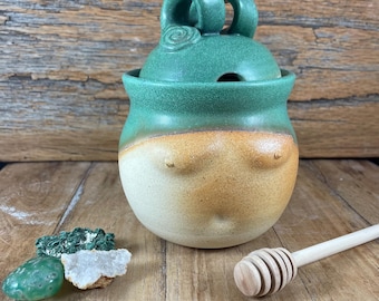 Handmade Ceramic Honey Pot with Dipper, Rustic Copper Green Stoneware Torso