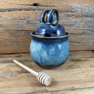 Ceramic Honey Pot / Handmade Pottery Honey Keeper with Stick  / Cosmic Blue Glazed Stoneware / Kitchen Canister / Bohemian