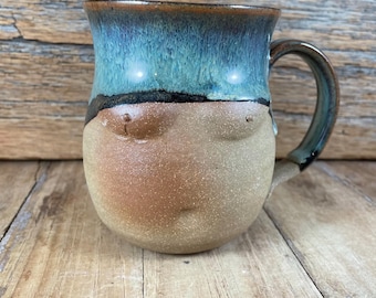 Handmade Torso Pottery Mug - Falling Blue Glaze, Stoneware Tea Mug, Breast Cancer Awareness