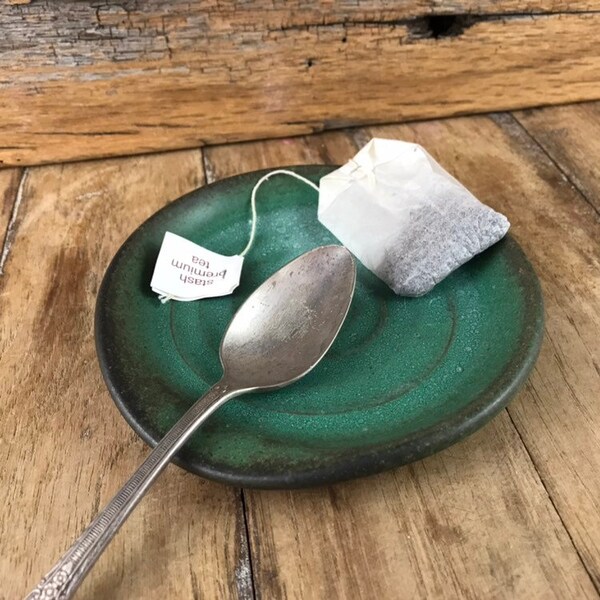 Ceramic Spoon Rest / Handmade Pottery Tea Bag Rest / Copper Green Glazed Stoneware Spoon Rest / Rustic Kitchen