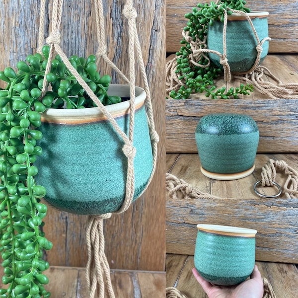 Hanging Handmade Ceramic Succulent Pot/ Pottery Flower Pot /  Matte Green Glazed Stoneware / Flower Pot With Plant Hanger