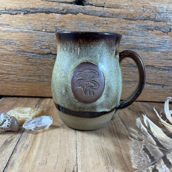 Handmade Ceramic Mushroom Mug / Pottery Tea Mug / Chanterelle Lover Mug / Mushroom Icon Mug / Mossy Cream Glazed Stoneware