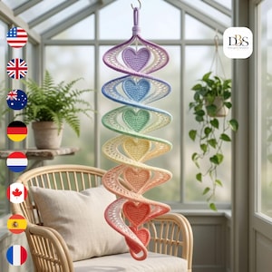 Crochet Wind Spinner Pattern PDF, Pastel Heart Helix Hanging Ornament, Spiral Window Decor