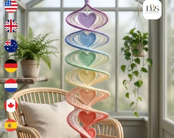 Crochet Wind Spinner Pattern PDF, Pastel Heart Helix Hanging Ornament, Spiral Window Decor
