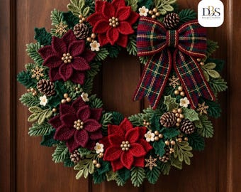 May include: A circular holiday wreath featuring crocheted dark red poinsettia flowers, green foliage, small white flowers, brown pinecones, gold beads, and gold snowflake ornaments. A large plaid bow in red, green, and blue sits at the top right. Text reads DBS.