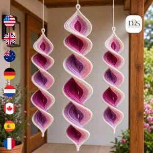 Crochet Wind Spinner Pattern PDF, Blush Plum Petal Spiral Trio, Boho Porch Hanging Decor