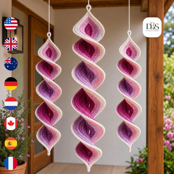 Crochet Wind Spinner Pattern PDF, Blush Plum Petal Spiral Trio, Boho Porch Hanging Decor