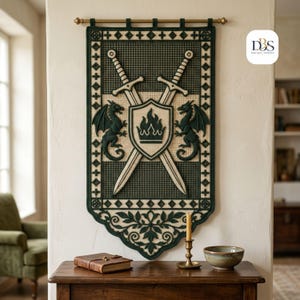 May include: A rectangular wall hanging banner featuring a dark green and cream grid pattern. The design includes two crossed swords behind a central shield displaying a crown and flames, flanked by two dragons. It hangs from a brass rod.