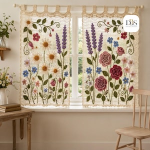 Wildflower Crochet Curtain Pattern PDF, English Cottage Floral Window Panels
