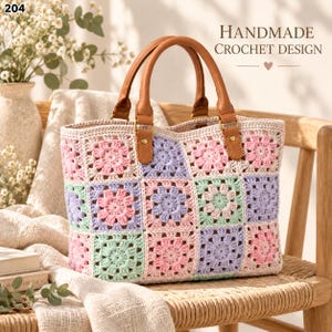 Crochet Tote Bag Pattern PDF, Pastel Floral Granny Square Handbag with Leather Handles