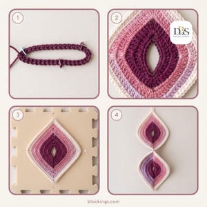 May include: A four-part instructional graphic showing crochet steps. Panel 1 shows a dark purple yarn loop with stitch markers. Panel 2 shows a diamond-shaped crochet piece in shades of purple and pink. Panel 3 shows the piece pinned to a board. Panel 4 shows two joined diamond shapes.
