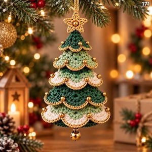 May include: A crocheted Christmas tree ornament featuring layered tiers in shades of dark green, light green, and cream. The edges are trimmed with gold thread and accented with small gold beads. A gold crocheted star sits at the top.