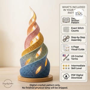 May include: A spiral-shaped crochet lamp project featuring a gradient of blue, green, yellow, and pink yarn. The text includes: WHAT'S INCLUDED IN YOUR DIGITAL PATTERN, Detailed Written Pattern, Exact Stitch Counts, Step-by-Step Assembly, 4-Page Visual Guide, US Crochet Terms, Intermediate Skill Level, PDF Digital Download, Digital crochet pattern only. No finished physical lamp will be shipped.