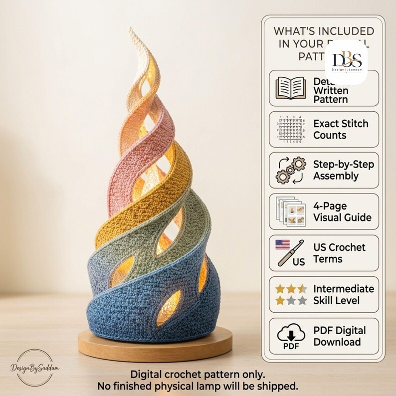 May include: A spiral-shaped crochet lamp project featuring a gradient of blue, green, yellow, and pink yarn. The text includes: WHAT'S INCLUDED IN YOUR DIGITAL PATTERN, Detailed Written Pattern, Exact Stitch Counts, Step-by-Step Assembly, 4-Page Visual Guide, US Crochet Terms, Intermediate Skill Level, PDF Digital Download, Digital crochet pattern only. No finished physical lamp will be shipped.